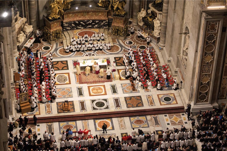 Pontifical solemn high Mass is celebrated Oct. 25 by Cardinal Raymond Leo Burke at the Altar of the Chair in St. Peter’s Basilica during the 14th International Pilgrimage Ad Petri Sedem in Rome.