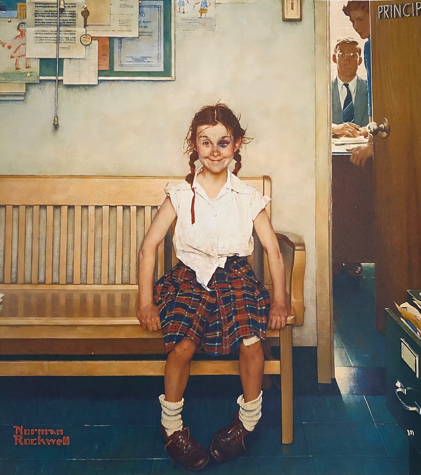 girl with a black eye and pigtails wearing a skirt sitting on a bench outside of a principal's office grinning