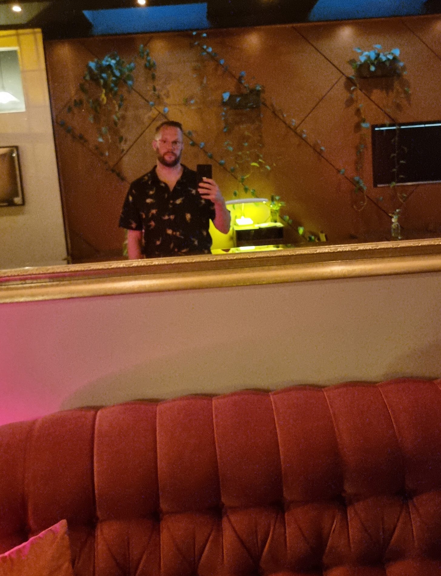 A mirror selfie showing a person with a beard and glasses looking into a mirror that is above a red velvet couch. Behind them in the mirror is a wall of plants and a lamp casting a yellow glow.