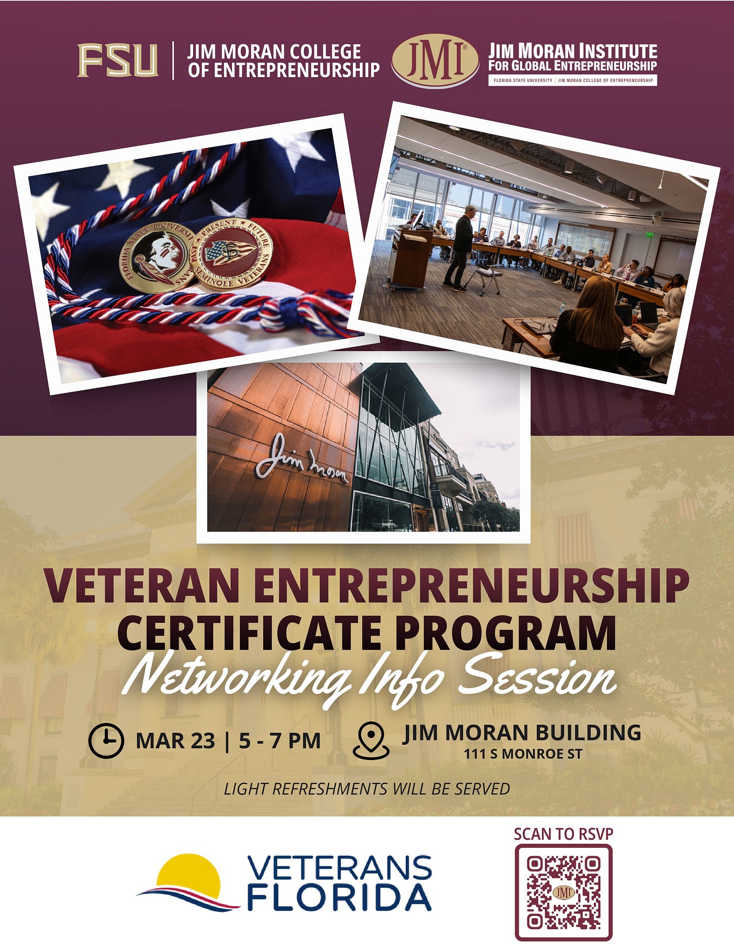 Flyer for the Veteran Entrepreneurship Certificate Program networking info session on Mar 23, 5–7 PM at the Jim Moran Building, 111 S Monroe St. Flyer for the Veteran Entrepreneurship Certificate Program networking info session on Mar 23, 5–7 PM at the Jim Moran Building, 111 S Monroe St.