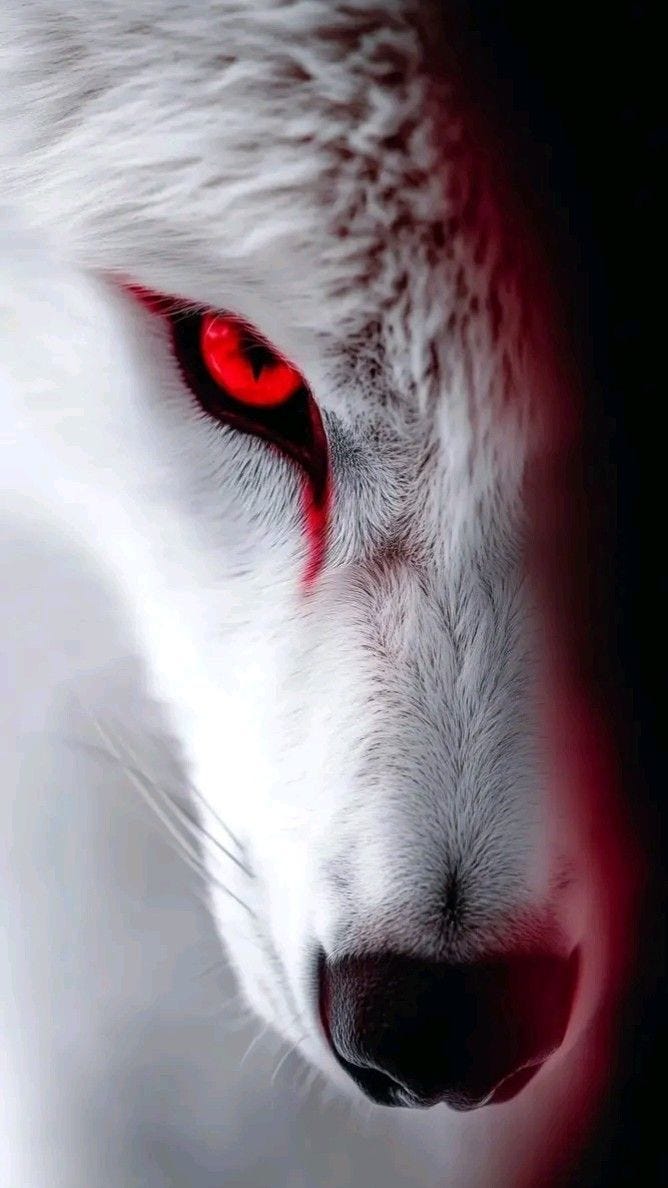 This may contain: a white wolf with red eyes looking into the distance This may contain: a white wolf with red eyes looking into the distance