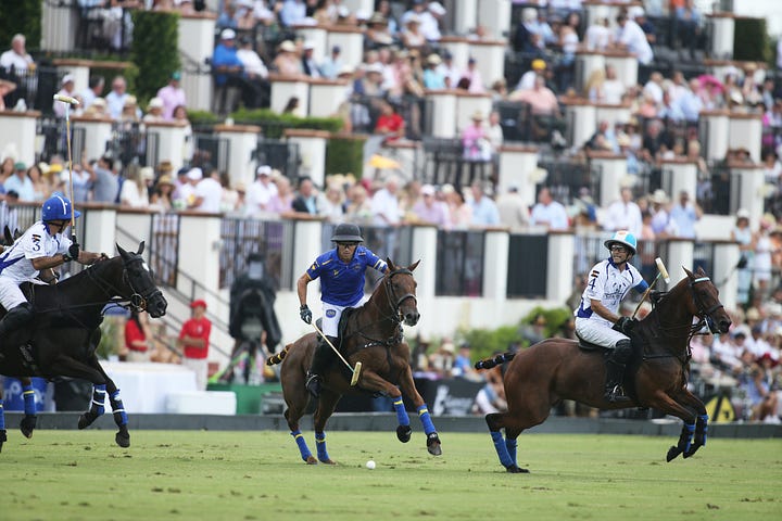 (L) Park Place Hilario Ulloa and Valiente Rufino Merlos (©David Lominska) (R) Park Place's Hilario Ulloa jumps on the ball challenged by Valiente's Adolfo Cambiaso (©David Lominska)