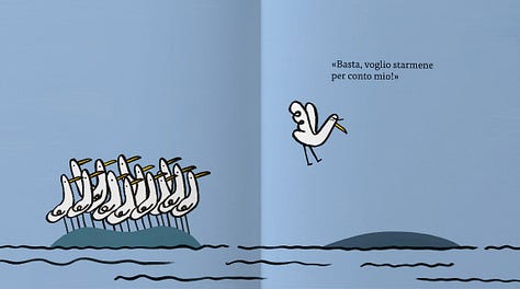 Copertine degli albi illustrati "Il dubbio", "Gabbiano più gabbiano meno" e "Affamato come un lupo" di minibombo.