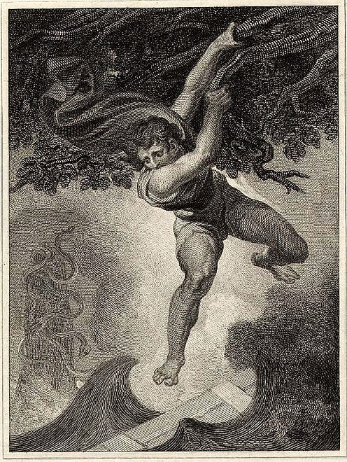 Black-and-white engraving of a muscular man clinging to a tree branch above rough ocean waves, with dramatic swirling clouds.