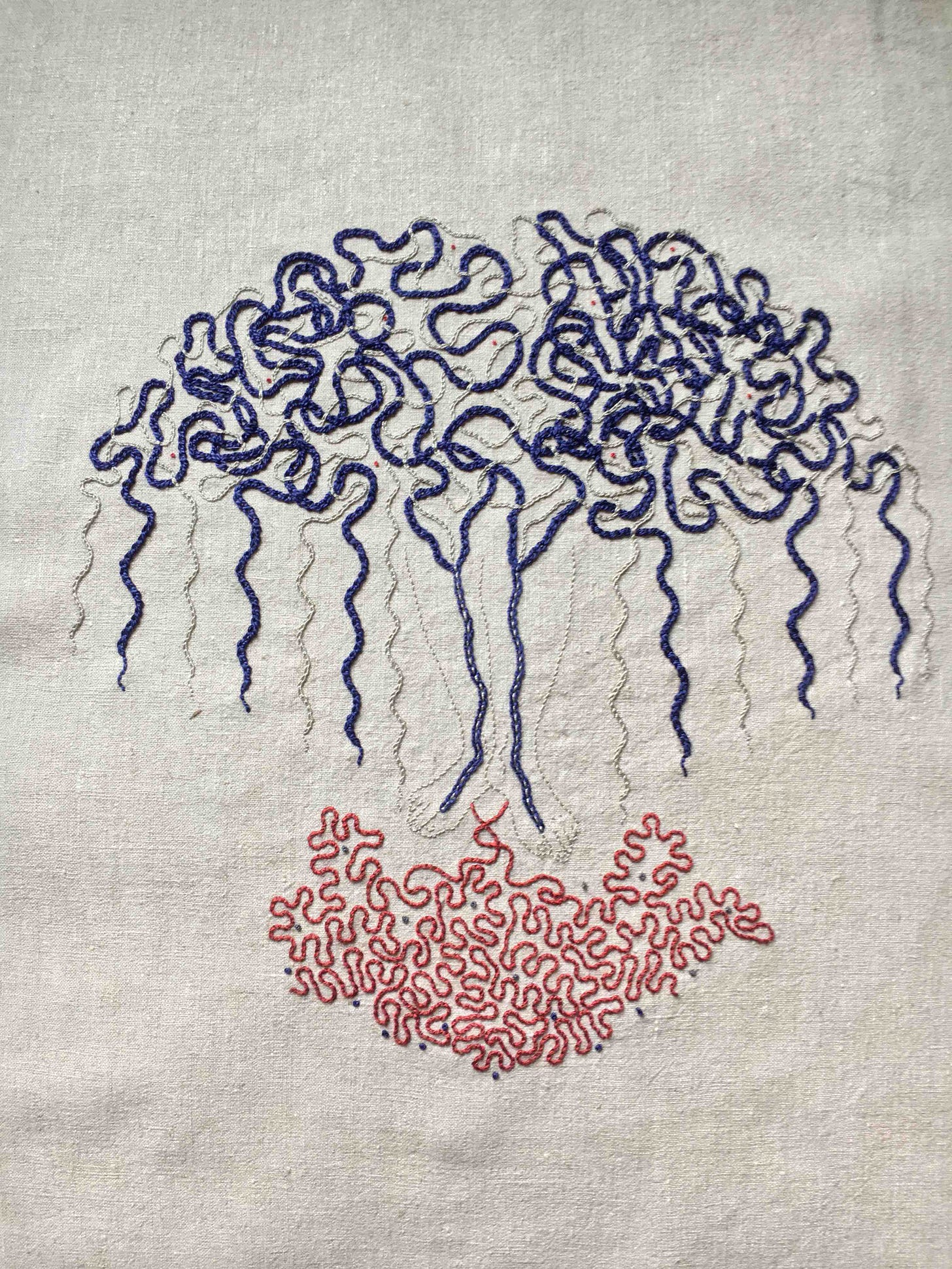 neuraesthenia (2017). An embroidery on pale natural linen. The pale outline of a woman’s lower legs and feet, heels together, toes apart is centered. From the soles of the feet, thick red/orange lines coil beneath. From the big toes moving upwards, thick blue and off-white lines rise up through the inner calves and branch off at the knees. These lines coil and intertwine in a navy brain-like shape, and then move back down in wavy lines like a wide skirt around the ankles.