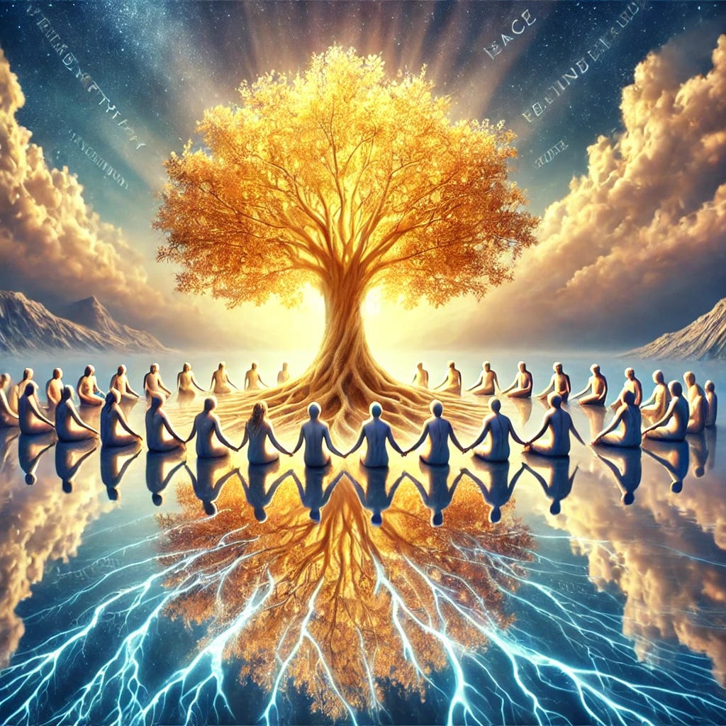 A surreal, symbolic landscape representing human connection and healing. A glowing tree with golden leaves stands at the center of a calm lake, its roots intertwining with human hands below the water. Around the lake, ethereal figures—diverse in age and ethnicity—sit quietly in reflection, sending gentle waves across the surface. In the sky above, words like 'Empathy', 'Kindness', 'Peace', and 'Truth' appear faintly in the clouds. The atmosphere is magical, dreamlike, and emotionally powerful—evoking themes of collective healing and spiritual unity. A surreal, symbolic landscape representing human connection and healing. A glowing tree with golden leaves stands at the center of a calm lake, its roots intertwining with human hands below the water. Around the lake, ethereal figures—diverse in age and ethnicity—sit quietly in reflection, sending gentle waves across the surface. In the sky above, words like 'Empathy', 'Kindness', 'Peace', and 'Truth' appear faintly in the clouds. The atmosphere is magical, dreamlike, and emotionally powerful—evoking themes of collective healing and spiritual unity.