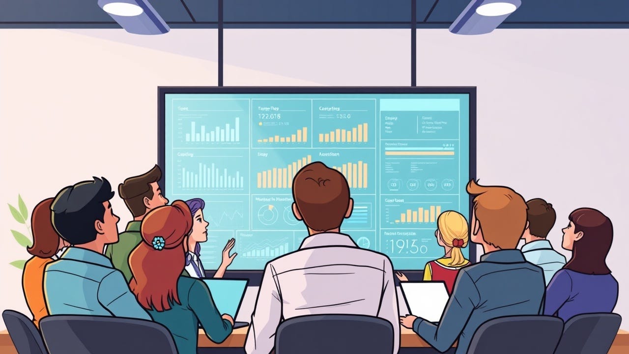A group of diverse professionals discussing data on a large screen.