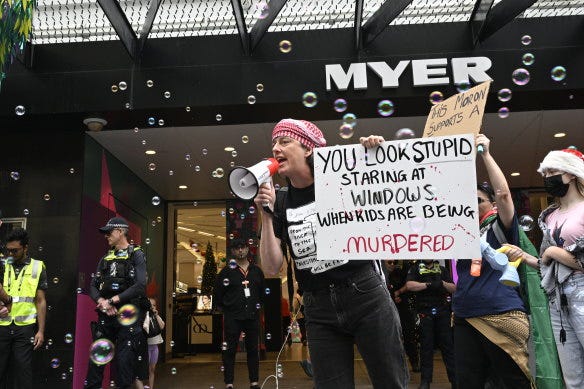 Pro-Palestine protesters gatecrash opening of Myer Christmas windows Pro-Palestine protesters gatecrash opening of Myer Christmas windows