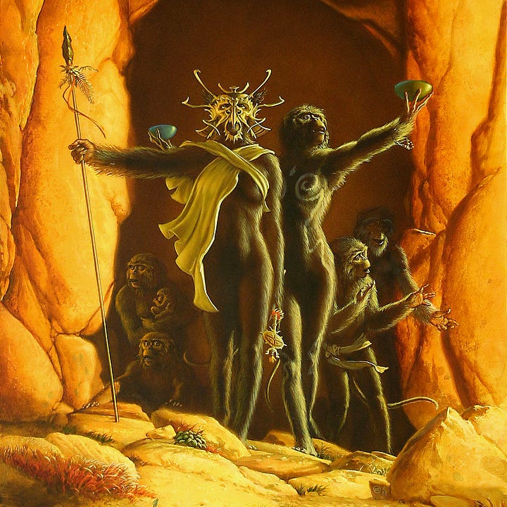 LEFT: Detail from AT WINTER'S END featuring a tribe of ape-like people emerging from the darkness of a cave. Standing tall at their forefront is a female wearing an ornate mask and holding a spear. Filaments flare wildly off the side of the mask. A beak extends over the mouth opening that frames her ape-like mouth, and the back flares like a samurai helm. RIGHT: Close detail from AT WINTER'S END featuring a masked figure covered in dark fur. White fabric crosses in an X over her chest with one end flaring loosely over her side. Low at her side she holds a ceremonial rod. Next to her is another figure with arms held out with a bowl in each hand. White patterns mark her fur, tracing the line of her hip, dipping in at the abdomen, and ending in a spiral over her furred breast. Other ape-like figures huddle behind staring out from the cave entrance.