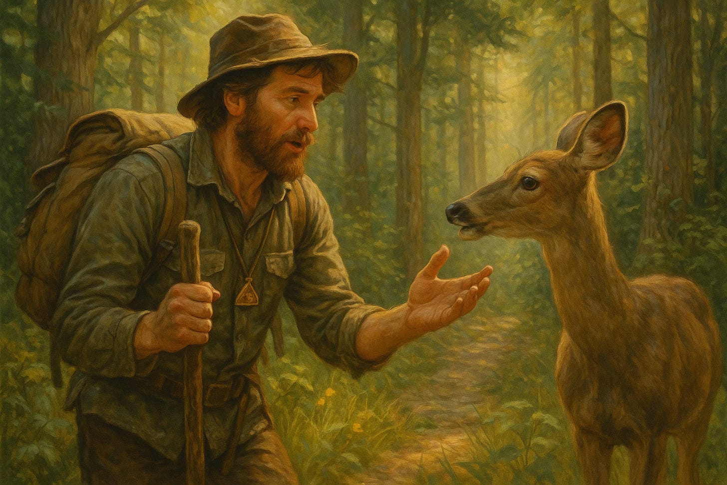 A rugged, middle-aged man with a weathered face and long coat stands in a quiet forest clearing, gently speaking to a deer that stands calmly before him. Sunlight filters through the trees, casting a soft glow on both figures. The man holds a walking stick and wears a small leather satchel, while the deer gazes at him intently, as if understanding every word. The scene exudes a magical, peaceful atmosphere, suggesting a mystical bond between man and nature.