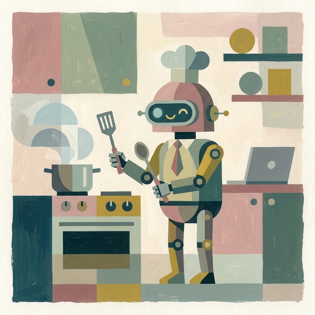 A robot in the kitchen, cheerfully cooking dinner, while a closed laptop sits forgotten on the counter behind it.