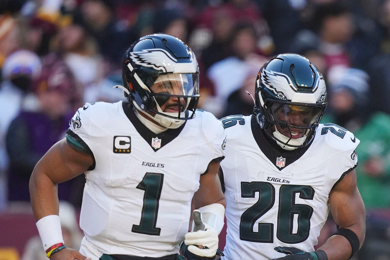 Saquon Barkley (26) celebrating his touchdown with his teammate Eagles...