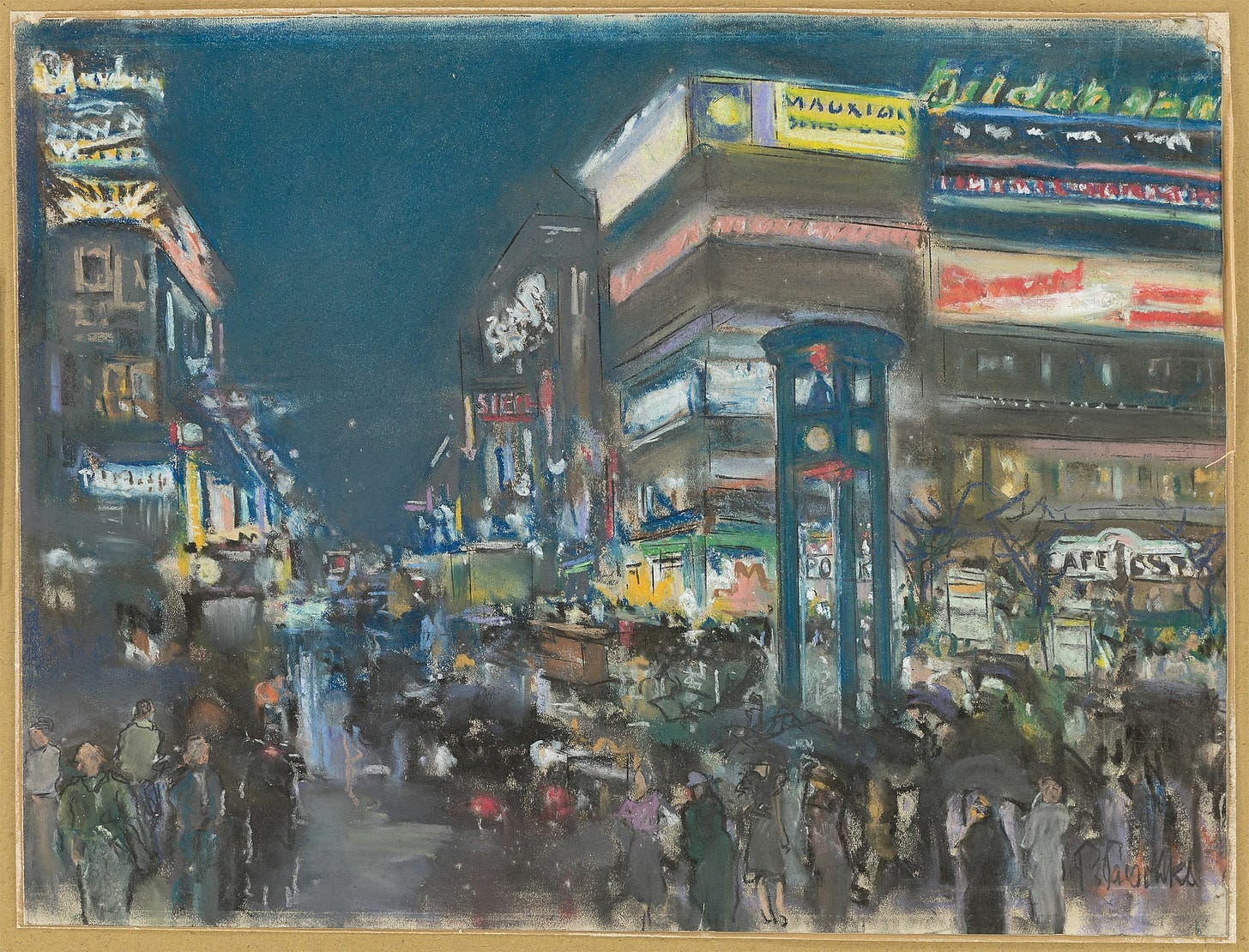 A bustling nighttime cityscape features brightly lit advertisements and signs illuminating a crowded street filled with people. Potsdamer Platz bei Nacht, Paul Paeschke, ca. 1929