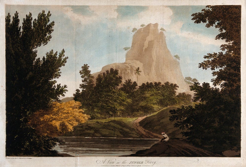 A coloured etching of a waterbody stretching into thick forest, with a pale, washed out rocky outcrop looming in the backdrop.