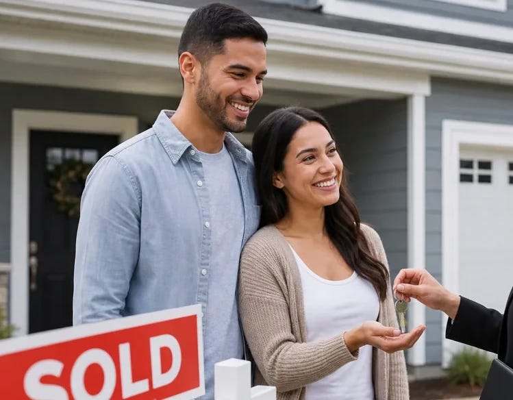 Young couple receives house keys from agent in front of a sold sign and new home Young couple receives house keys from agent in front of a sold sign and new home