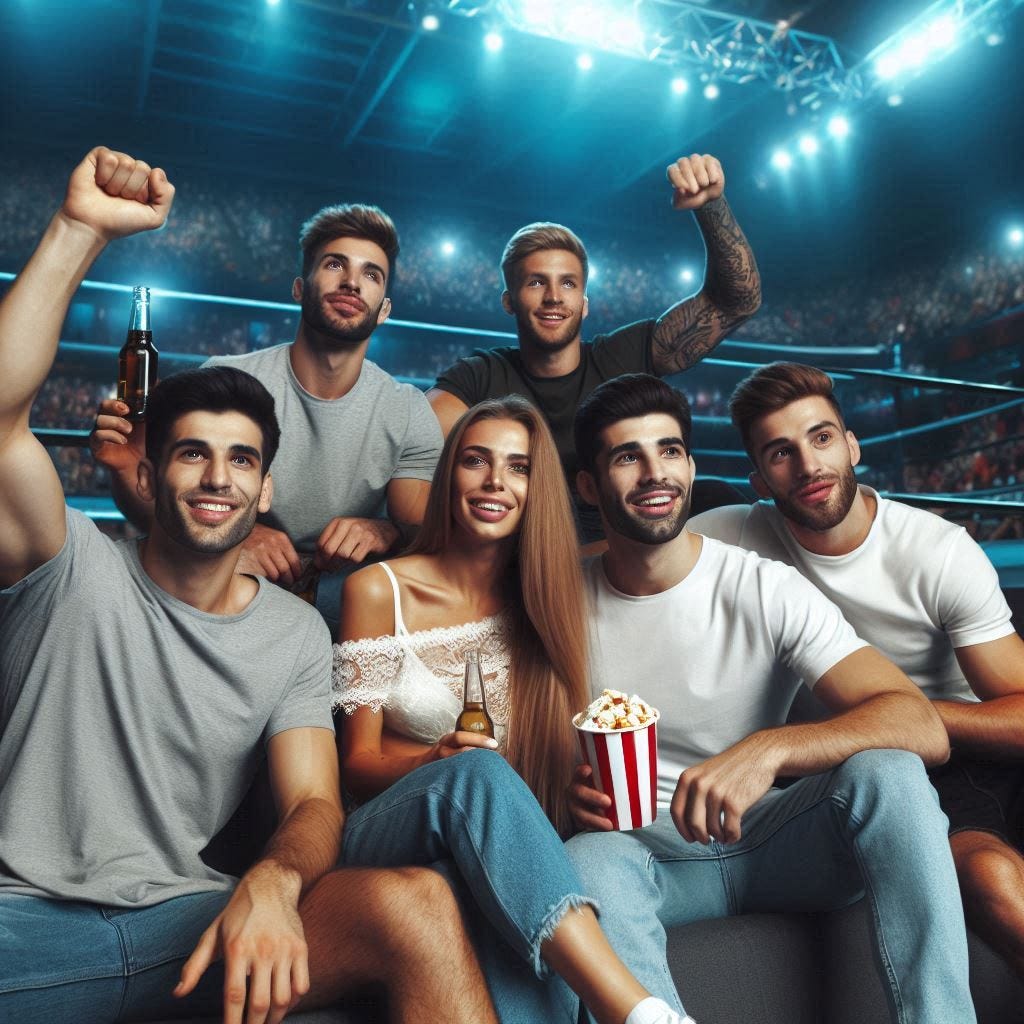 um grupo de amigos num estadio vendo uma luta de MMA