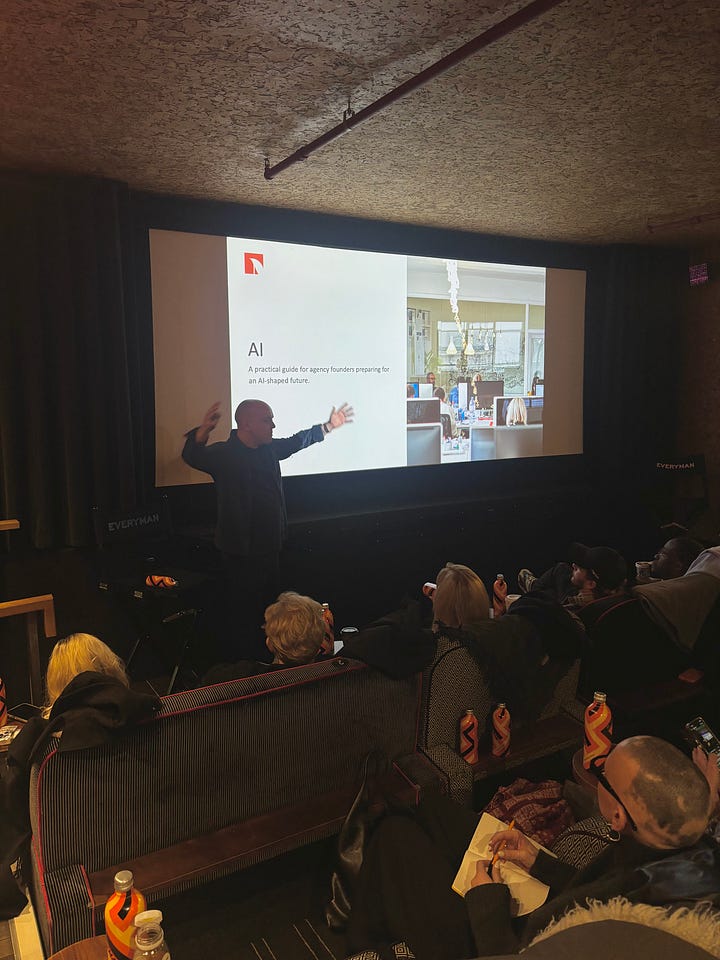 Photos of Sedge, Rachel, George and Felicity during their sessions. They're standing in front of a cinema screen with their presentations, speaking to a room of agency founders all sat on comfy sofas at Everyman Kings Cross.