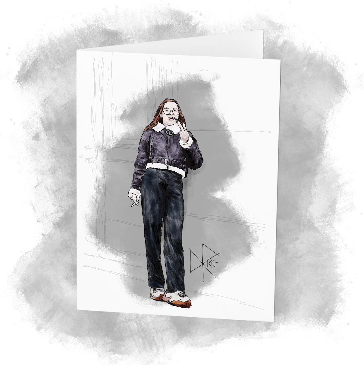 Wearing a bomber jacket, a woman stands outdoors and leans her shoulder against a wall as she holds a cigarette in one hand and her phone in the other. Sketch art by Don Rice. Wearing a bomber jacket, a woman stands outdoors and leans her shoulder against a wall as she holds a cigarette in one hand and her phone in the other. Sketch art by Don Rice.