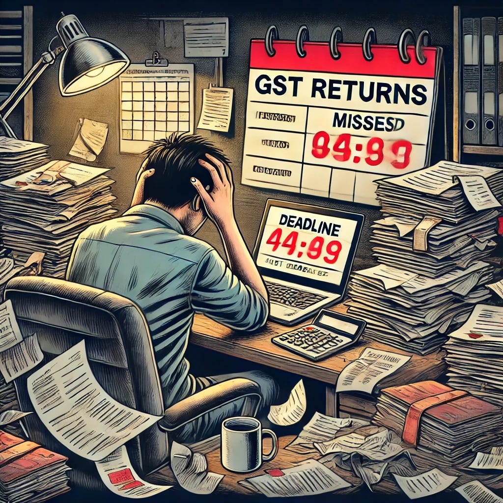 A detailed illustration of a stressed individual sitting at a cluttered desk, surrounded by piles of papers, a laptop displaying a warning about missed GST returns, and a calendar showing the deadline date in red. The person has a panicked expression, holding their head with both hands. The background includes a dimly lit office setting with scattered stationery and an overturned coffee mug to emphasize the chaos.