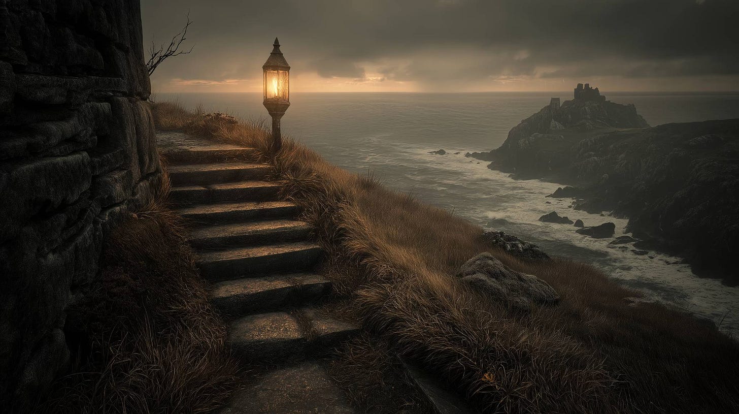 A lantern-lit stone stairway winds up a rugged coastal cliff at dusk, overlooking dark waves crashing against distant rocks under a turbulent sky.