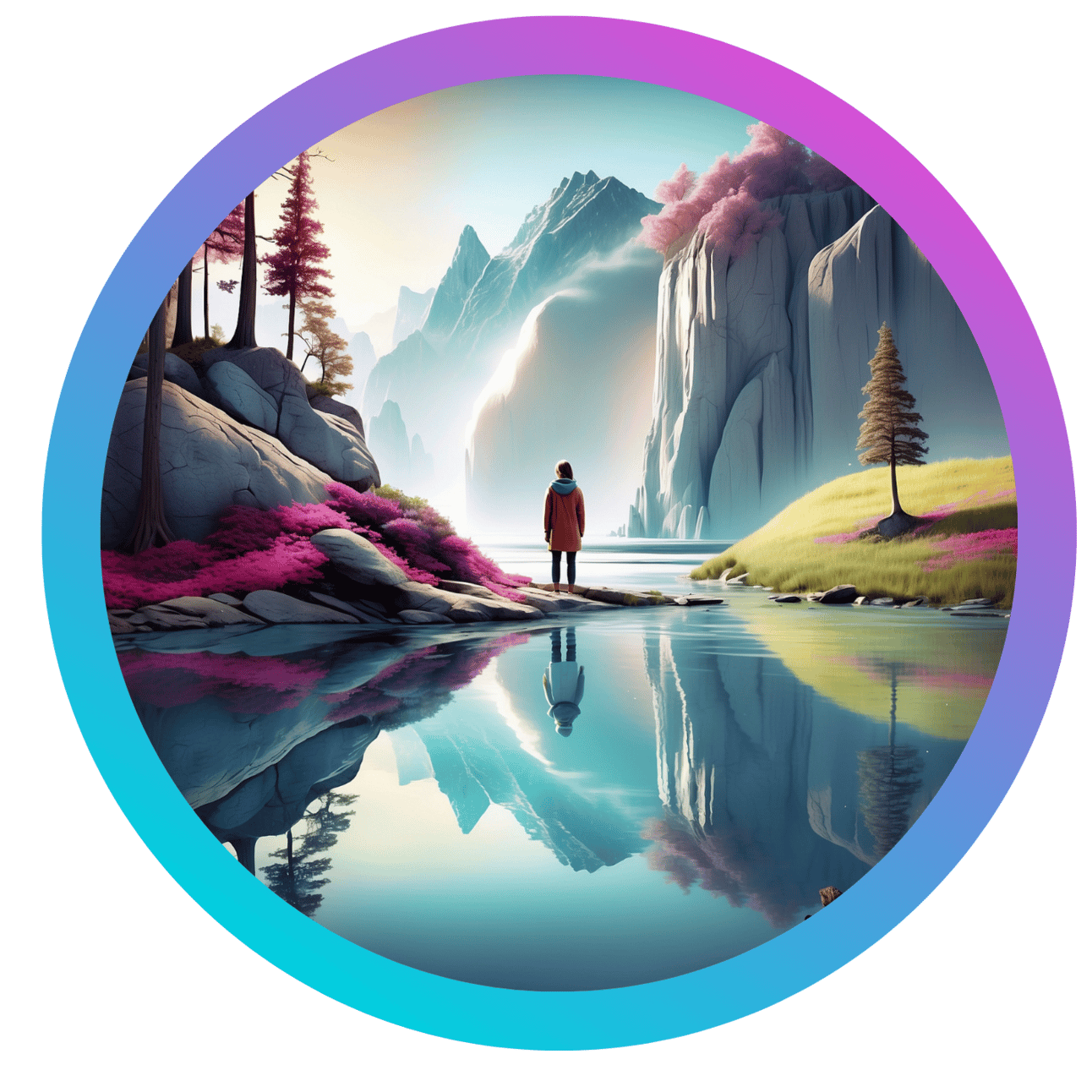 This image features a serene, fantastical landscape that blends elements of nature with a dreamlike quality. The central figure, dressed in a warm coat with a hood, stands at the edge of a tranquil body of water. Their reflection is clearly visible in the glassy surface, enhancing the scene's symmetry. To the left, a rocky outcrop is adorned with vibrant pink bushes, while tall trees with red foliage stand majestically. To the right, a gentle grassy slope leads to a single tree with sparse branches, adding to the idyllic setting. In the background, towering cliffs and distant, snow-capped mountains rise against a soft, pastel sky. The overall composition, enclosed in a circular frame with a gradient border transitioning from blue to purple, evokes a sense of peace and wonder, blending realistic and fantastical elements seamlessly.