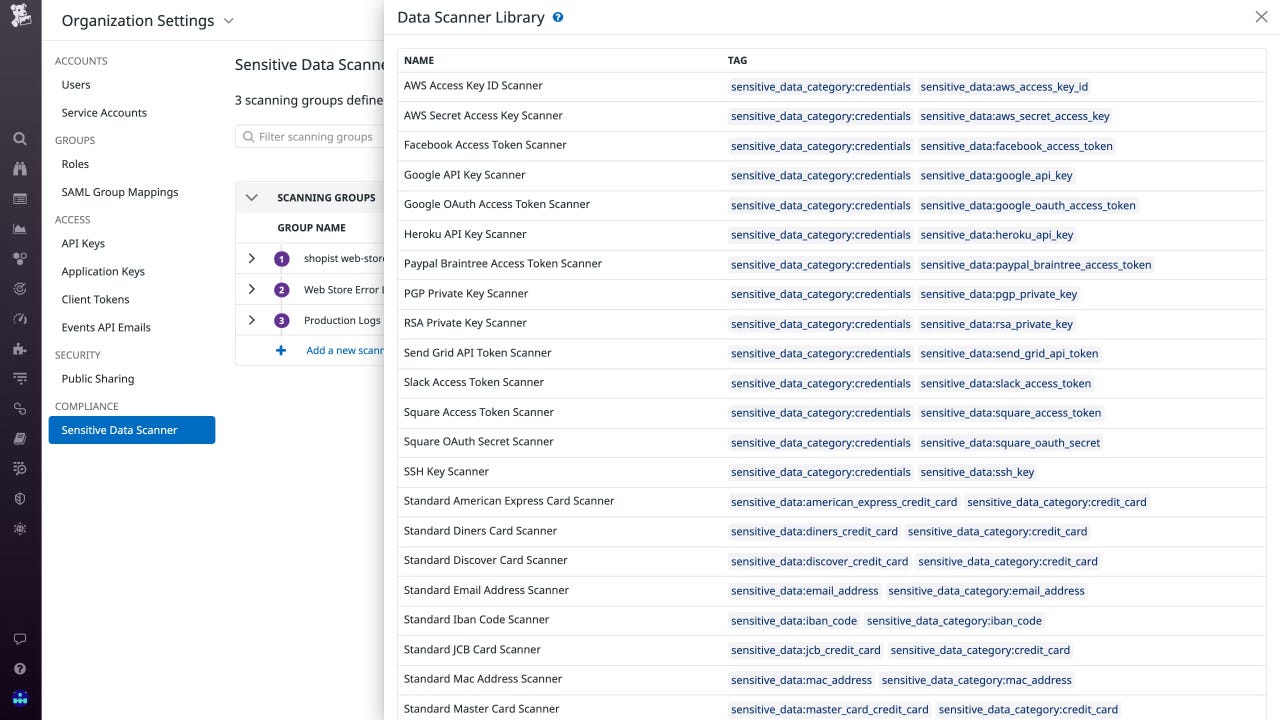 sensitive data scanner page in datadog