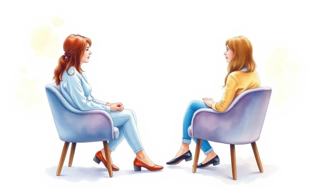 two women sitting on the opposite chairs - one being a therapist, listening to another
