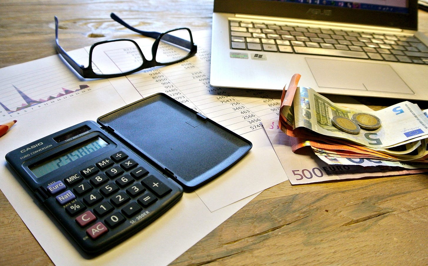 Calculator, Glasses, Euros, Laptop Calculator, Glasses, Euros, Laptop