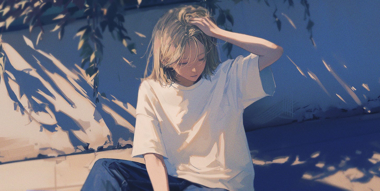 Anime 3353x1686 anime anime girls short hair closed eyes light effects plants 96yottea short sleeves white shirt sitting women outdoors sunlight closed mouth jeans