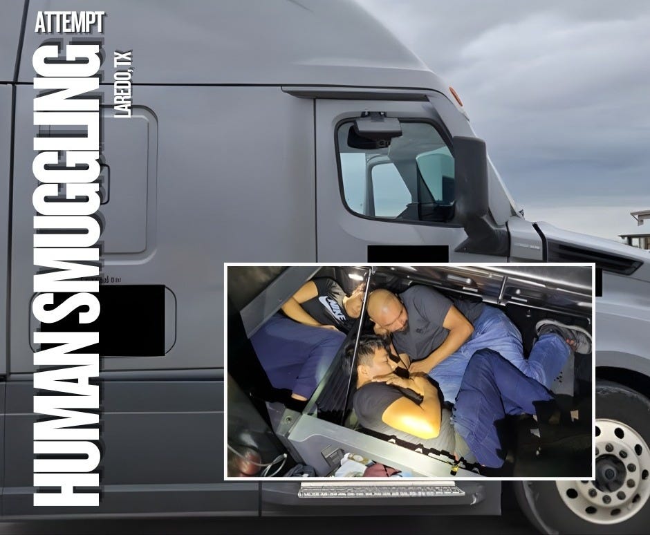 Ten illegal aliens were found crammed into every nook and cranny of this semi-truck cab at a Laredo highway checkpoint.