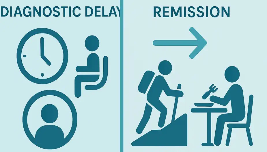 Infographic showing the transition from a delayed IBD diagnosis to a streamlined care pathway for Crohn's and Colitis patients.
