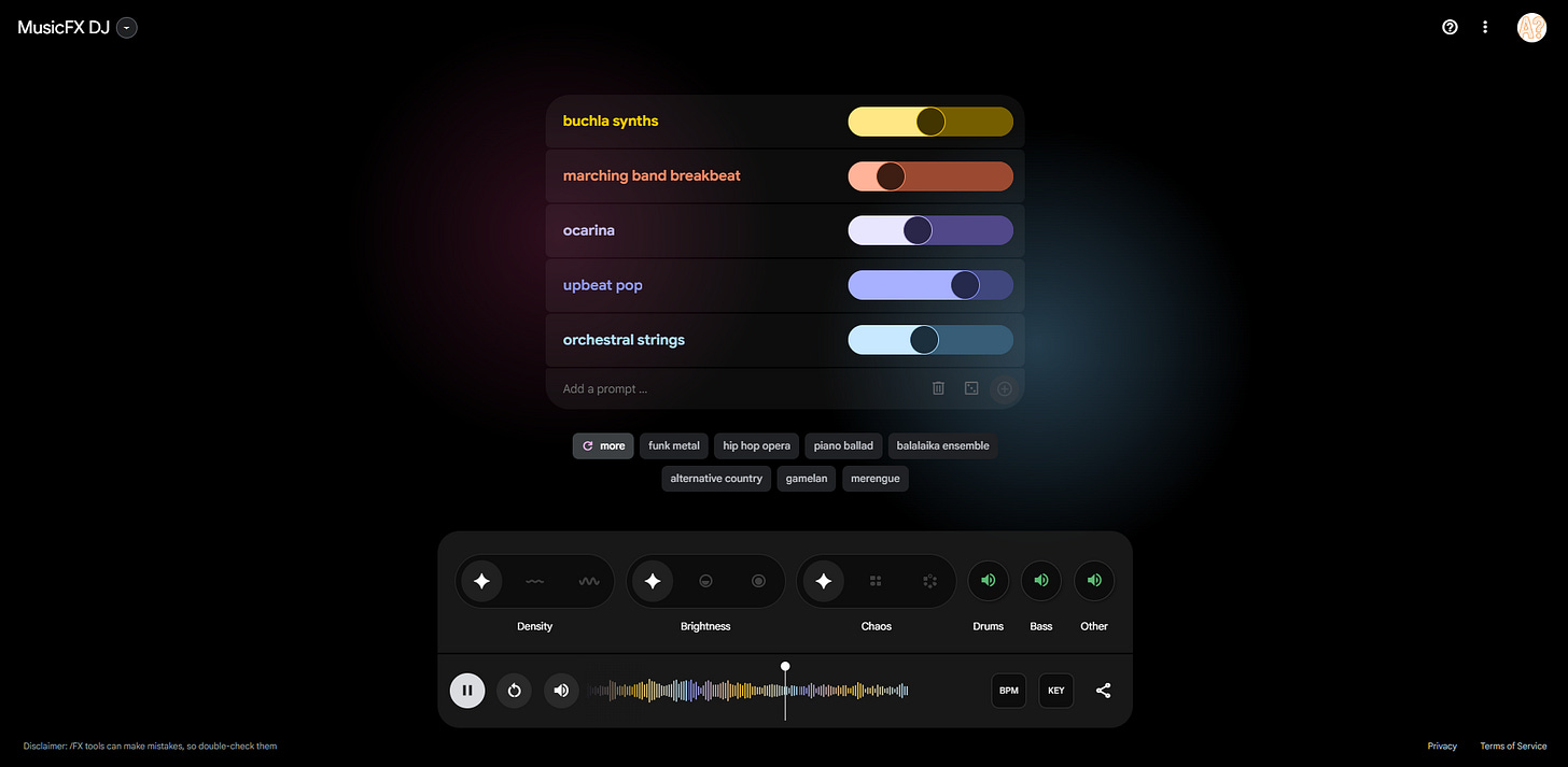 MusicFX DJ mixing sound effects and beats like ocraina, upbeat pop, etc.