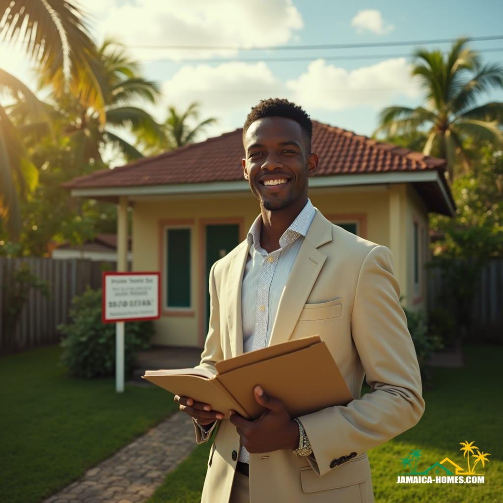 A poised property buyer, dressed in a crisp, light-colored suit, stands confidently in front of a charming Jamaican home, clipboard in hand, with a satisfied expression, symbolizing a shrewd investment. The modest house, with a warm, earthy tone, features a 'Private Treaty Sale' sign prominently displayed in the lush, tropical yard, complete with swaying palm trees and vibrant, exotic flora. Soft, golden light, reminiscent of a Caribbean sunset, casts a warm glow, accentuating the sense of accomplishment and financial success. Cinematic lighting, with subtle film grain and a vignette, adds depth and nuance, evoking the feel of a 35mm film still, shot on a v-raptor XL. The color palette is rich and vibrant, with a focus on blues and greens, to evoke the island atmosphere, while the overall tone remains professional and positive, conveying a sense of real estate triumph. Inspired by the dramatic, atmospheric works of cinematographers like Emmanuel Lubezki and Roger Deakins, with a hint of the epic, sweeping style of filmmakers like David Lean and Steven Spielberg.