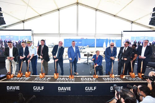 Davie Defense leadership and distinguished leaders break ground on the modernization of Gulf Copper Shipyard.