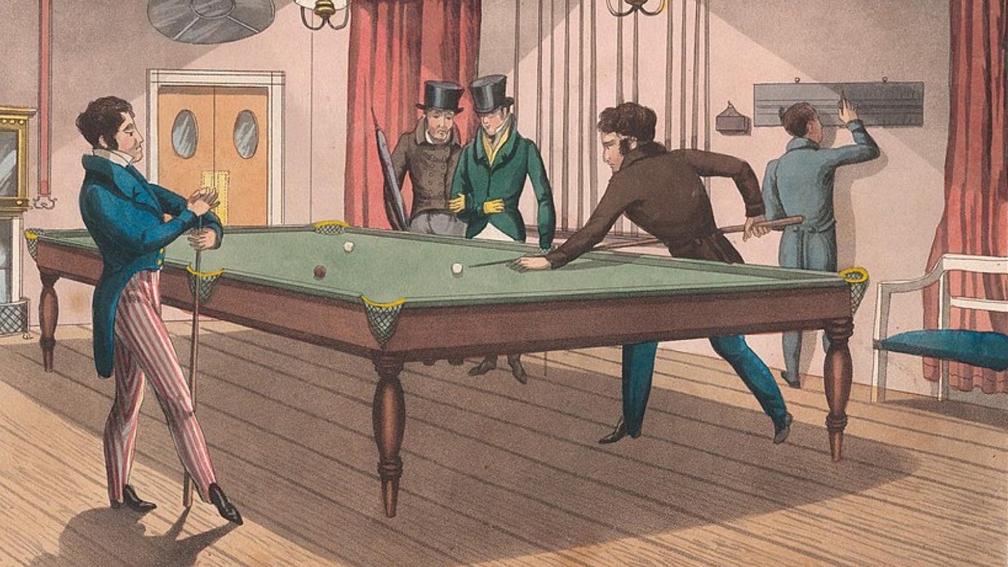 ‘Indifference’ – one of a set of 12 prints by Daniel Thomas Egerton showing well-dressed Victorian gentlemen paying billiards in an elegantly furnished room, 1823. ‘Indifference’ – one of a set of 12 prints by Daniel Thomas Egerton showing well-dressed Victorian gentlemen paying billiards in an elegantly furnished room, 1823.