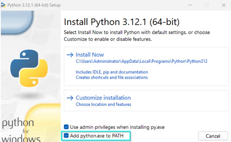 Install Python on Windows with the .exe-file and add python to PATH.