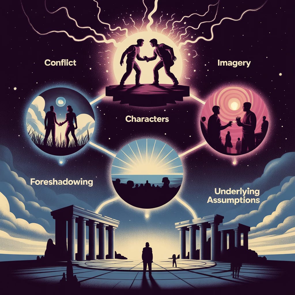 Abstract building blocks of story - conflict, characters, imagery, foreshadowing and underlying assumptions