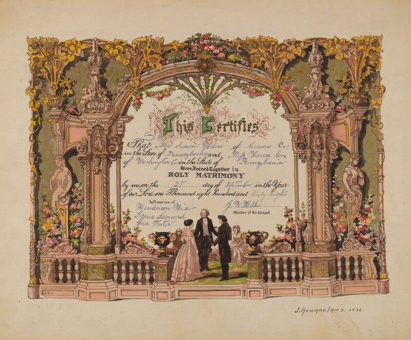 a watercolor, graphite, and gold paint illustration of two people standing at an outdoor altar. standard marriage certificate infromation is printed in black along with light blue writing with the details of the names, date, and location a watercolor, graphite, and gold paint illustration of two people standing at an outdoor altar. standard marriage certificate infromation is printed in black along with light blue writing with the details of the names, date, and location