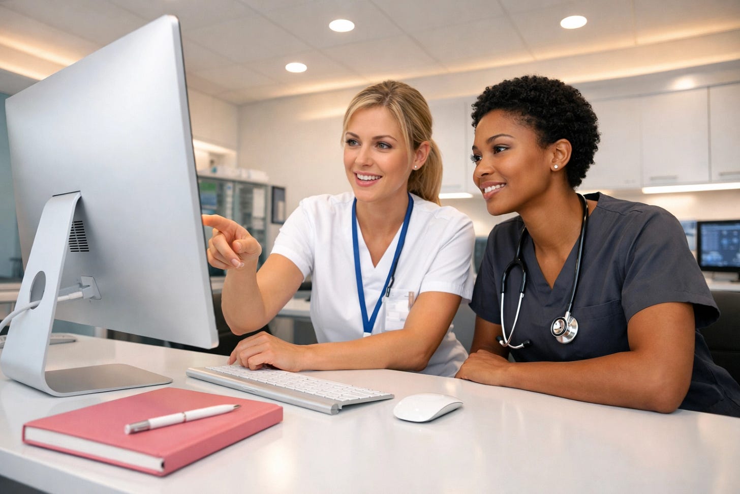 Nurses researching company culture and hospital reviews at a modern healthcare workstation. Nurses researching company culture and hospital reviews at a modern healthcare workstation.