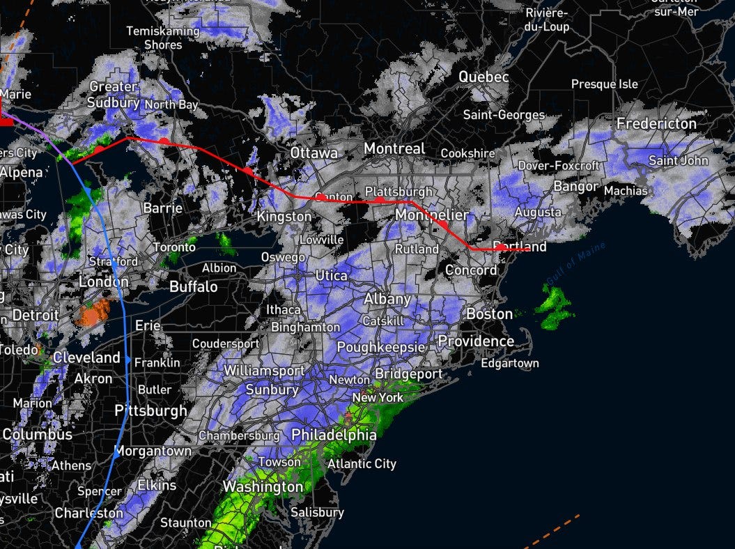 May be an image of ‎map, tornado and ‎text that says '‎Temiskaming Shores Marie پکم Greater- Sudbury North Bay Rivière- du-Loup sur-Mer Mer rsCity Alpena Quebec Presque Isle Saint Georges was City Ottawa Barrie Montreal Cookshire City Fredericton Kingston Toronto inton Plattsburghz Monipelier Dover- oxcroft Bangor Machiast Stra*ford London Saint SaintJohn John Albion Buffalo Lowille Oswego Utica Augusta Detroit Rutland rtland oledo Erie Concord Cleveland Akron Coudersport Franklin Marion Boston Albany Ithaca Binghamton Catskill Poughkeepsie Providence Newton Bridgeport New York Williamsport Sunbury Columbus Butler Pittsburgh Chambers Morgantown Edgartown ati 3-Athens sville Philadelphia Elkins Towson Spencer Charleston Atlantic City Washington Staunton Salisbury‎'‎‎
