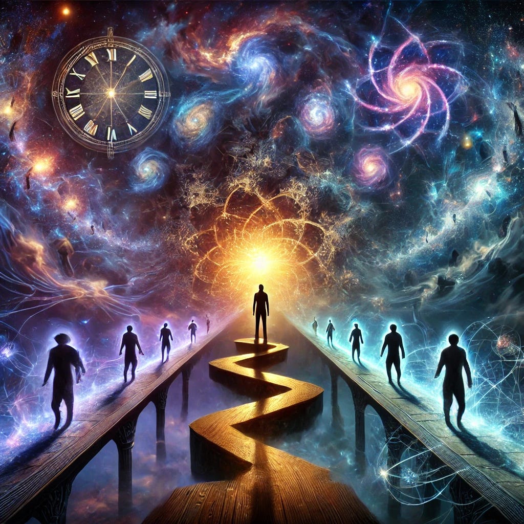 A surreal digital painting depicting the concept of free will and quantum mechanics. The image features a human figure standing at a cosmic crossroads, with one path leading to a deterministic, clockwork-like universe and another leading to a realm of quantum uncertainty. In the background, swirling galaxies and fractal-like patterns symbolize the fabric of space-time. Ethereal light streams from the figure’s mind, representing consciousness interacting with the quantum world. Multiple shadowy versions of the figure branch off in different directions, symbolizing the many-worlds interpretation. The overall color scheme is a blend of deep blues, purples, and glowing gold, evoking a sense of mystery and awe.