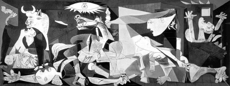 Guernica's black and white montage show people and horses and other animals mid-battle, striving, falling, screaming out, but all in a frozen stillness. Guernica's black and white montage show people and horses and other animals mid-battle, striving, falling, screaming out, but all in a frozen stillness.