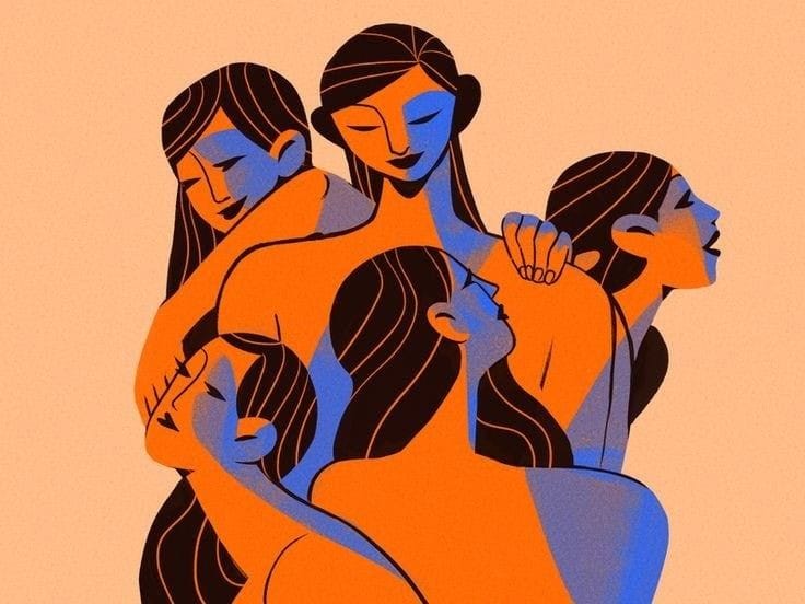 This may contain: an image of three women with different colored body shapes on their backs and hands behind them This may contain: an image of three women with different colored body shapes on their backs and hands behind them