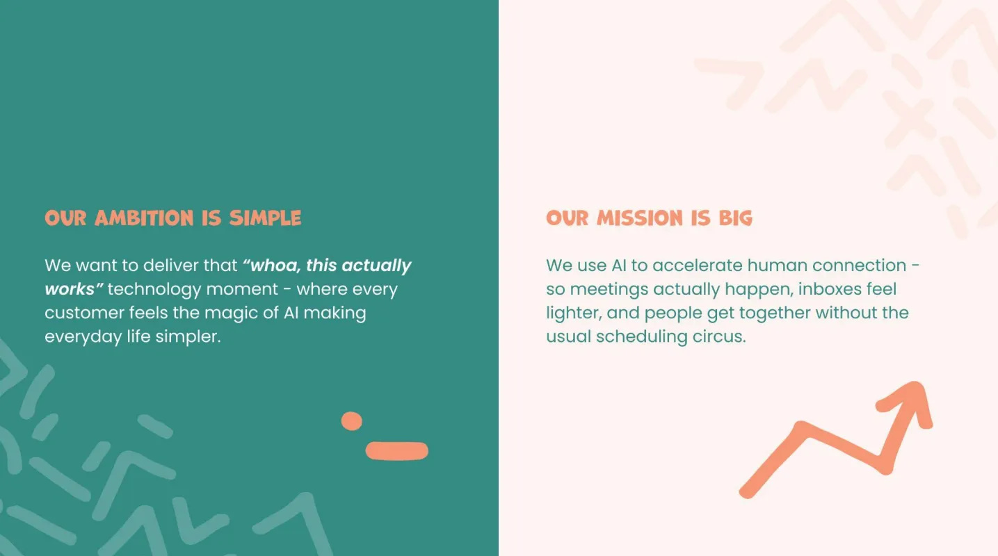 Dual slide showing Meet-Ting’s ambition to create technology that simply works and a mission to accelerate human connection.
