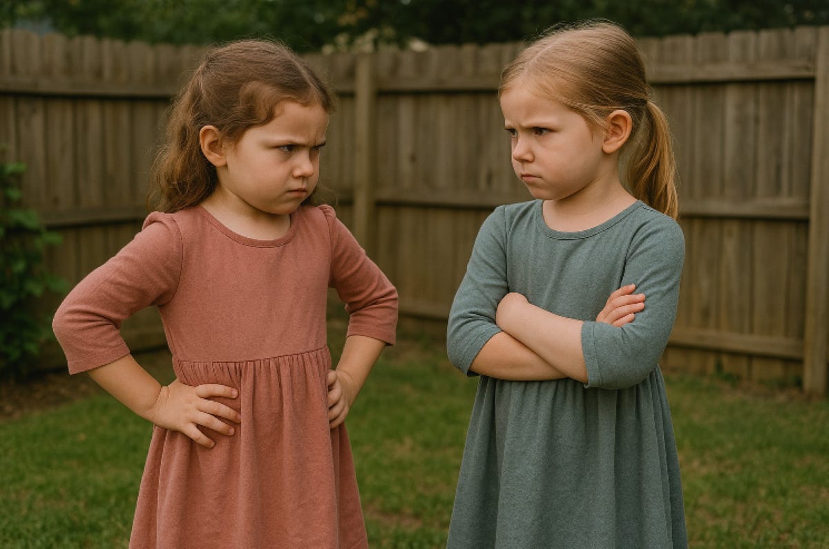 Two little girls facing off angrily