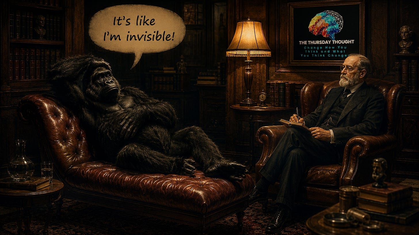 A warmly lit Viennese psychoanalyst’s office rendered in painterly digital realism. A large gorilla reclines on a deep oxblood leather couch, one arm draped across its forehead in theatrical despair, while a bearded analyst in round spectacles sits opposite in a leather armchair taking notes. Dark wood panelling, shelves of books, a Persian rug, and a softly glowing lamp create an intimate atmosphere. On the wall behind the analyst hangs a framed The Thursday Thought logo. Above the gorilla floats a speech bubble that reads, “It’s like I’m invisible!” The scene combines humour and irony, portraying the famous invisible gorilla in therapy over its lack of recognition. A warmly lit Viennese psychoanalyst’s office rendered in painterly digital realism. A large gorilla reclines on a deep oxblood leather couch, one arm draped across its forehead in theatrical despair, while a bearded analyst in round spectacles sits opposite in a leather armchair taking notes. Dark wood panelling, shelves of books, a Persian rug, and a softly glowing lamp create an intimate atmosphere. On the wall behind the analyst hangs a framed The Thursday Thought logo. Above the gorilla floats a speech bubble that reads, “It’s like I’m invisible!” The scene combines humour and irony, portraying the famous invisible gorilla in therapy over its lack of recognition.