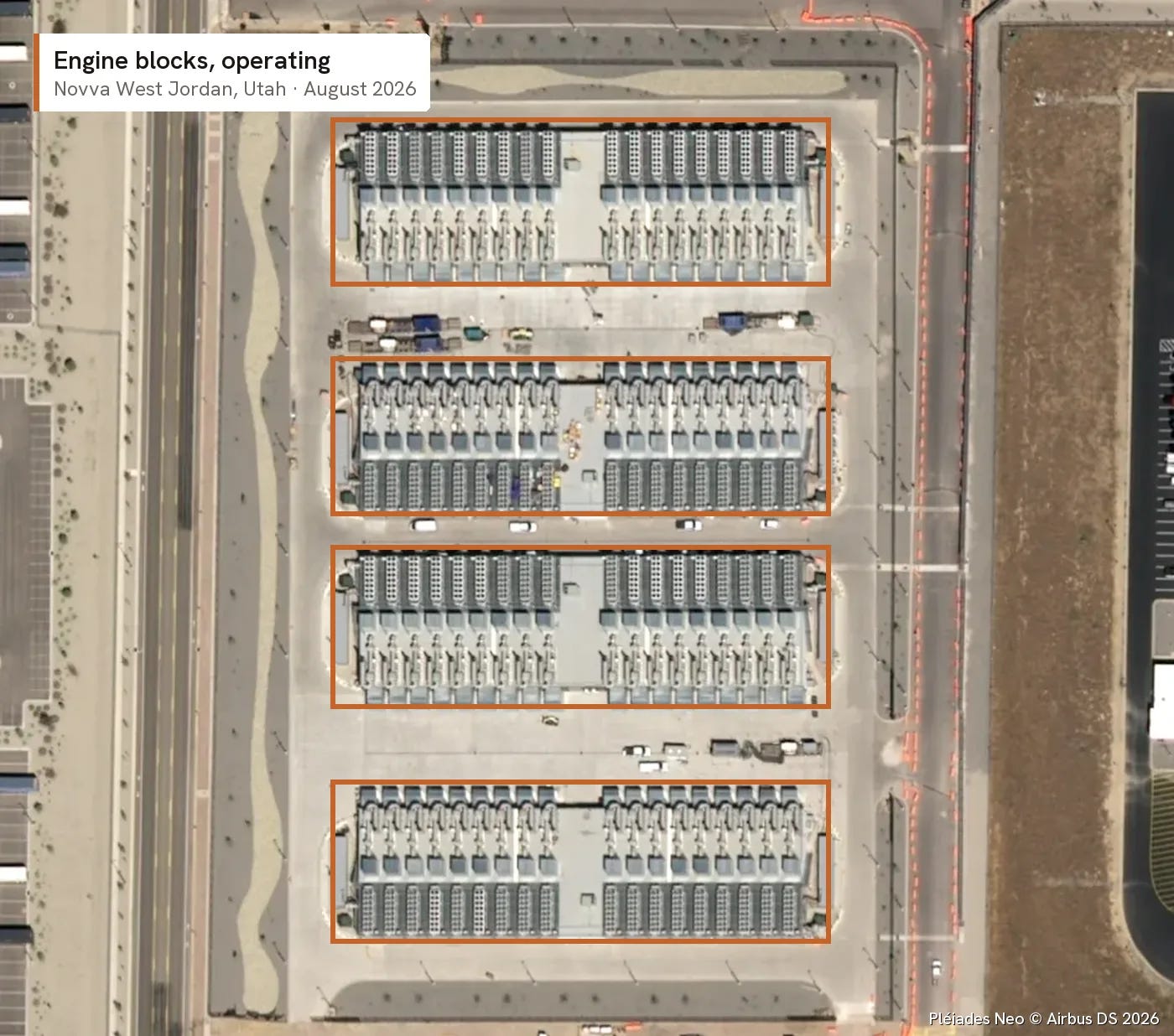 Satellite image of the Novva West Jordan power plant in August 2026, with boxes around four finished blocks of natural gas engines