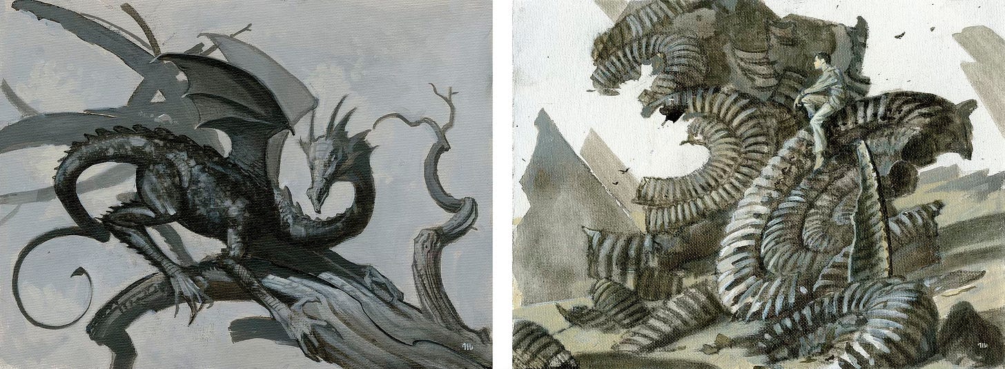 Two landscape oriented paintings. LEFT: A small dragon grips the sinuous branch of a tree with its fore and aft talons. Its tiny wings are raised and its tail curled as it glances to the audience. The skin is rendered in meticulous detail of chaotic speckles. RIGHT: A young man perches on a broken pile of huge ammonite fossils. None are wholly intact, most taking the shape of Cs as broken off bits lay in the sand. He stares left in profile as he sits calmly with arm resting on a raised knee as his other leg dangles down.
