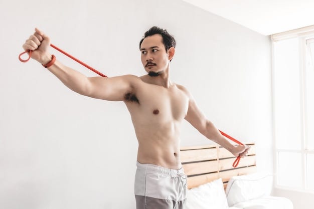 Man stretching his muscle in concept of workout at home with resistance band.