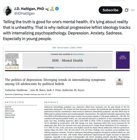 May be an image of 1 person and text that says 'J.D. Haltigan, PhD @JDHaltigan Subscribe Telling the truth is good for one's mental health. It's lying about reality that is unhealthy. That is why radical progressive leftist ideology tracks with internalizing psychopathology. Depression. Anxiety. Sadness. Especially in young people. SSM Mental Health (2022) 100043 Contents available ScienceDirect ELSEVIER SSM Mental Health journal omepage: nalhonmsww.w.ab.e.e.meme www. MEALER The politics depression: Diverging trends in internalizing symptoms among US adolescents by political beliefs Catherine Gimbrone Deparoment สุงเนื้ยจนวช Lisa M. Bates, Seth J. Prins, Unevertoy New Yant, N USA M. Keyes ARTICLEI INFO Ao Kcyuop AHSTRACT Adolescent internalizing symptoms Epidemiolos depressive affect) beliefs'